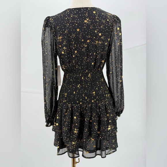 AQUA Star Print Smocked Black & Gold Star Print Smocked Mini Dress Long Sleeve - Picture 17 of 17